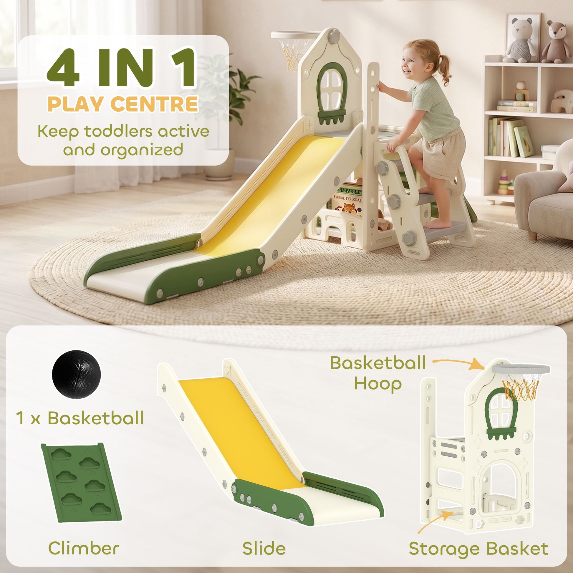 Qaba 5-in-1 Foldable Toddler Slide and Climber with Basketball Hoop, Cream - product view 4