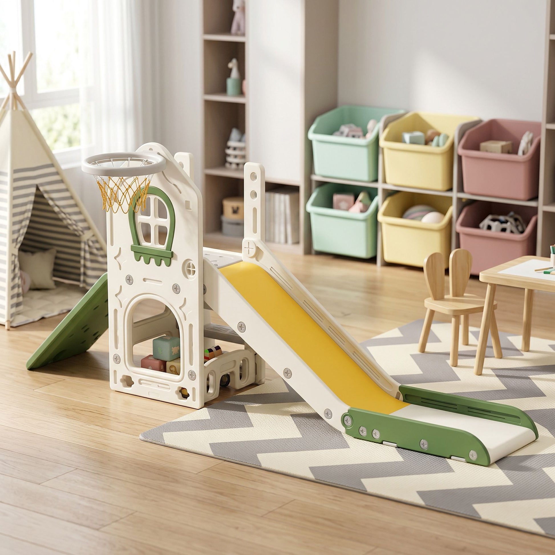 Qaba 5-in-1 Foldable Toddler Slide and Climber with Basketball Hoop, Cream - product view 8