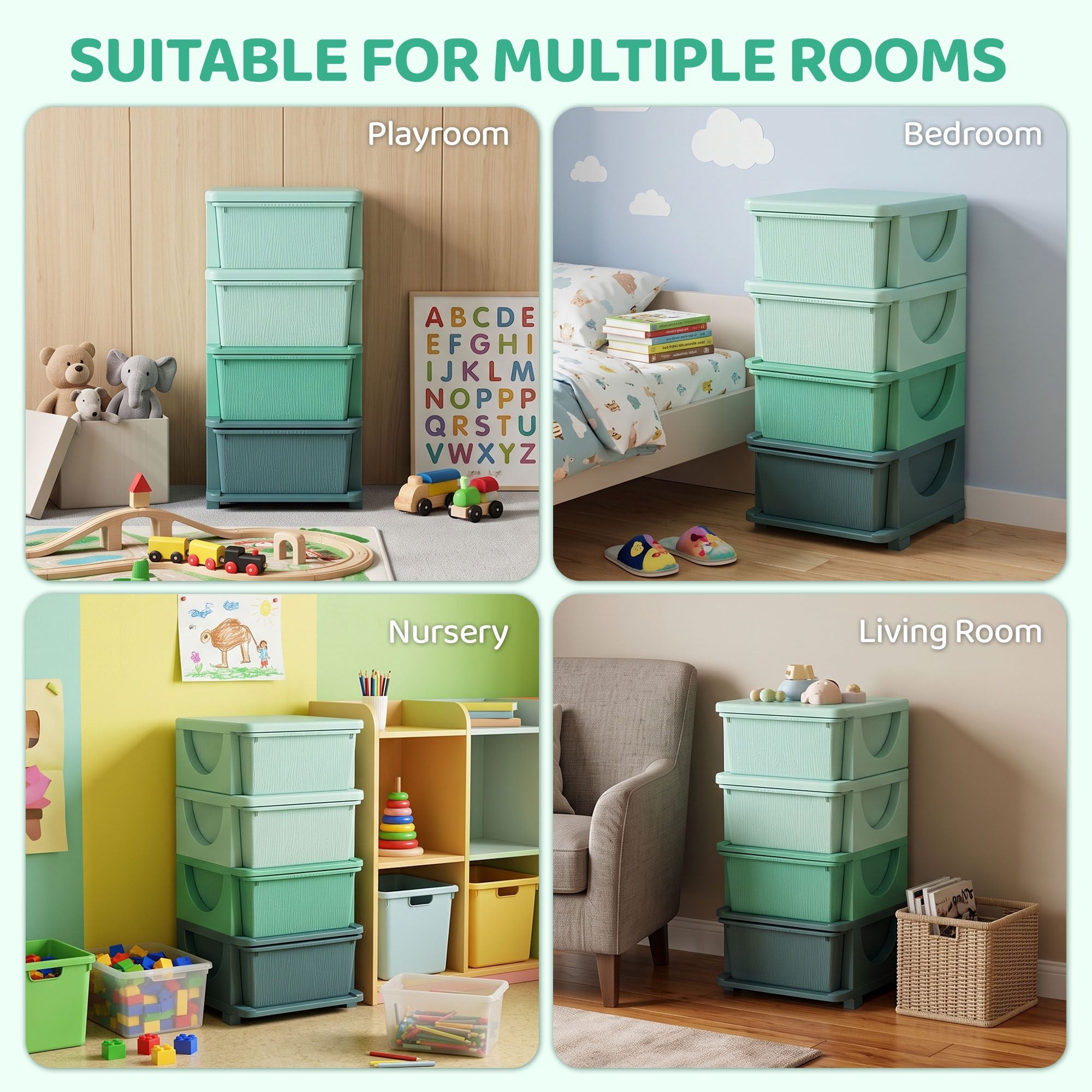 Qaba 4-Tier Kids Storage Organizer with 4 Drawers, Green