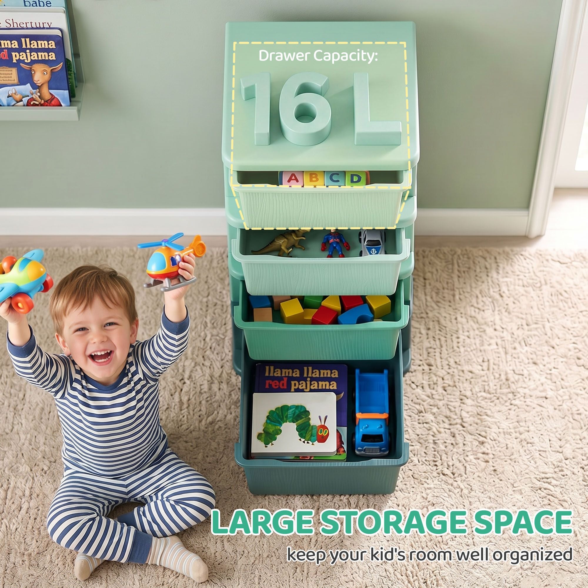 Qaba 4-Tier Kids Storage Organizer with 4 Drawers, Green