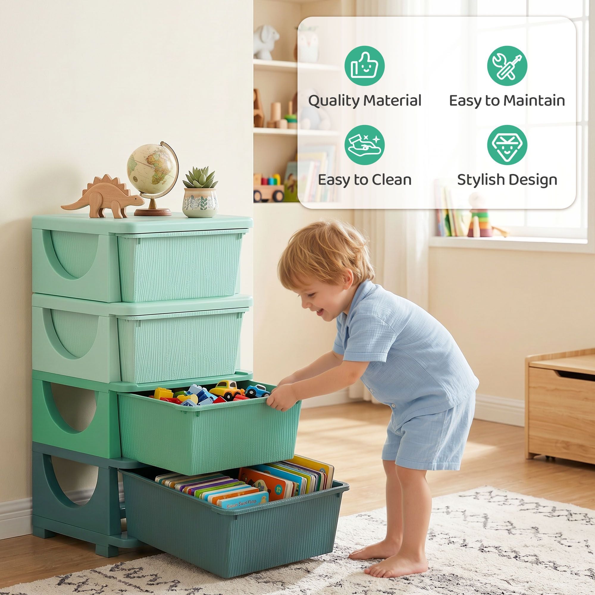 Qaba 4-Tier Kids Storage Organizer with 4 Drawers, Green