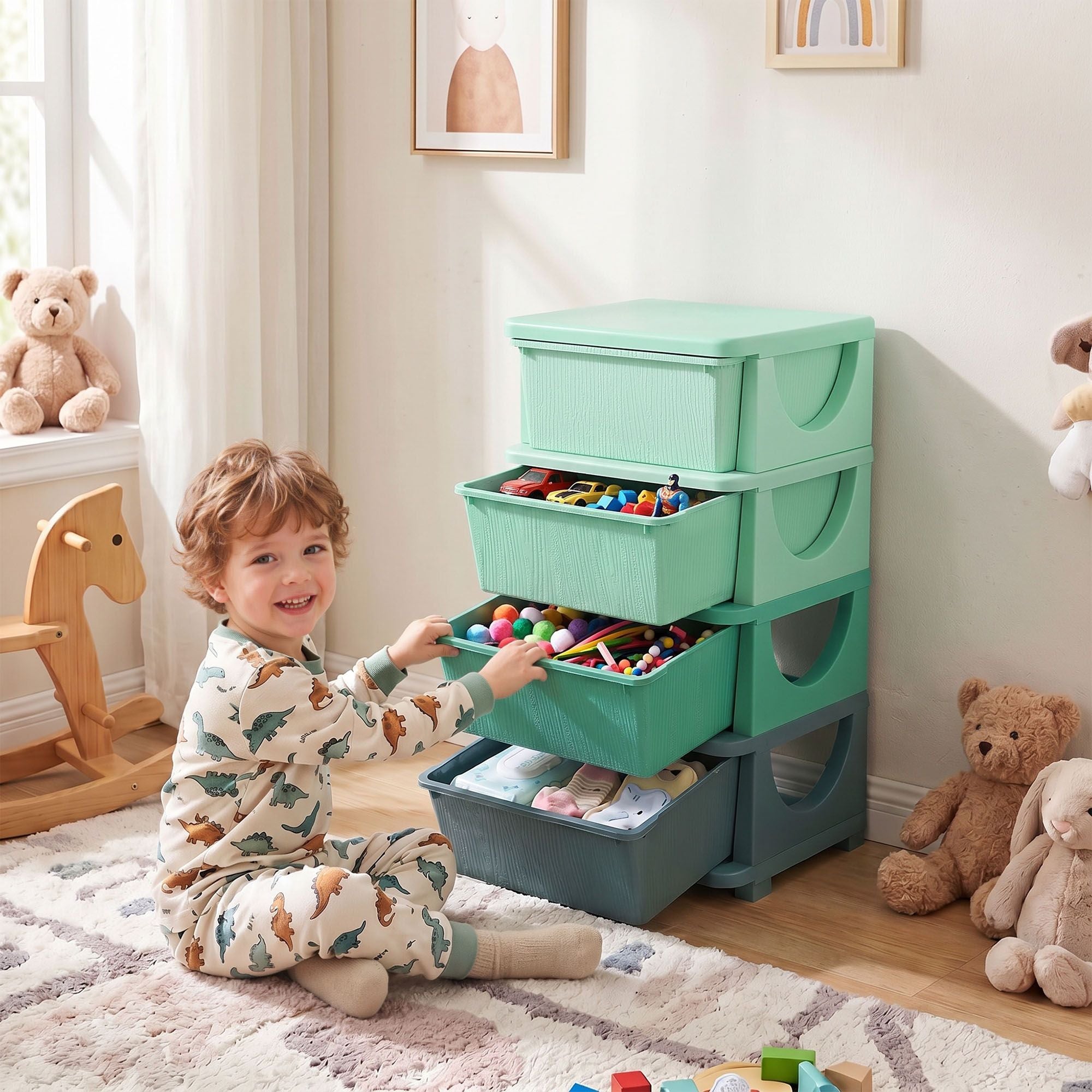 Qaba 4-Tier Kids Storage Organizer with 4 Drawers, Green