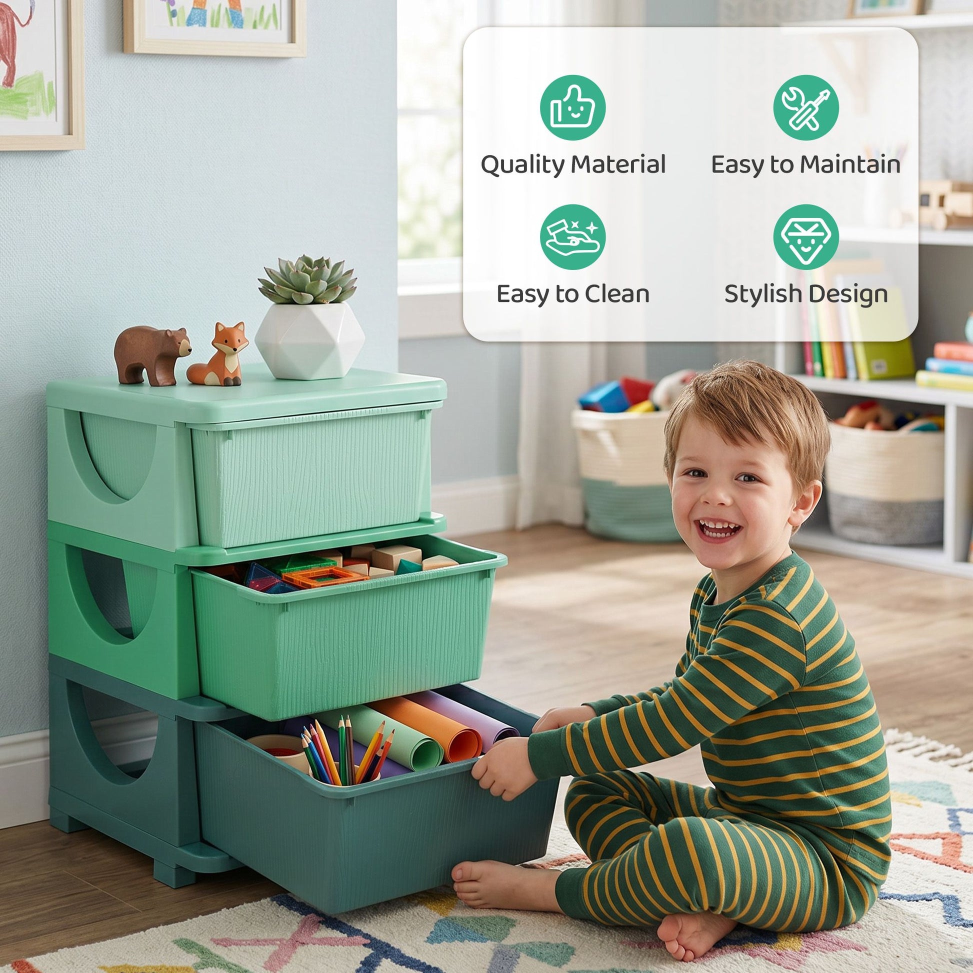 Qaba 3-Tier Kids Toy Storage Organizer with 3 Drawers, Green