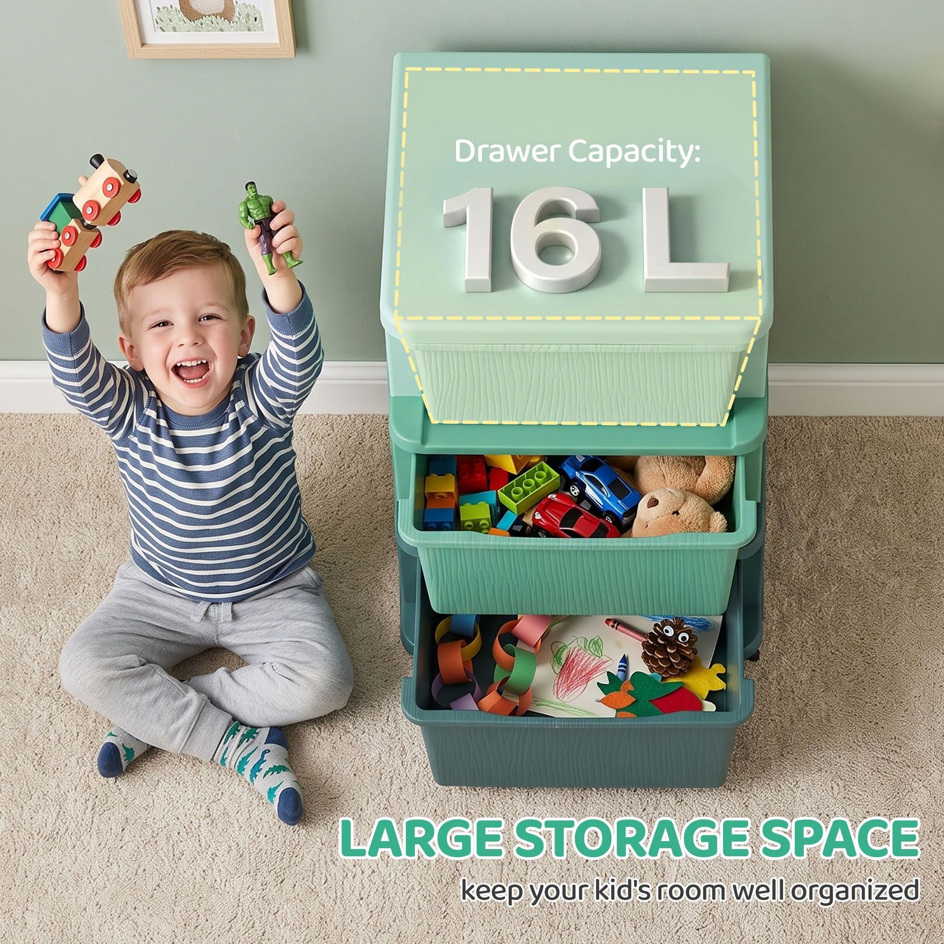Qaba 3-Tier Kids Toy Storage Organizer with 3 Drawers, Green