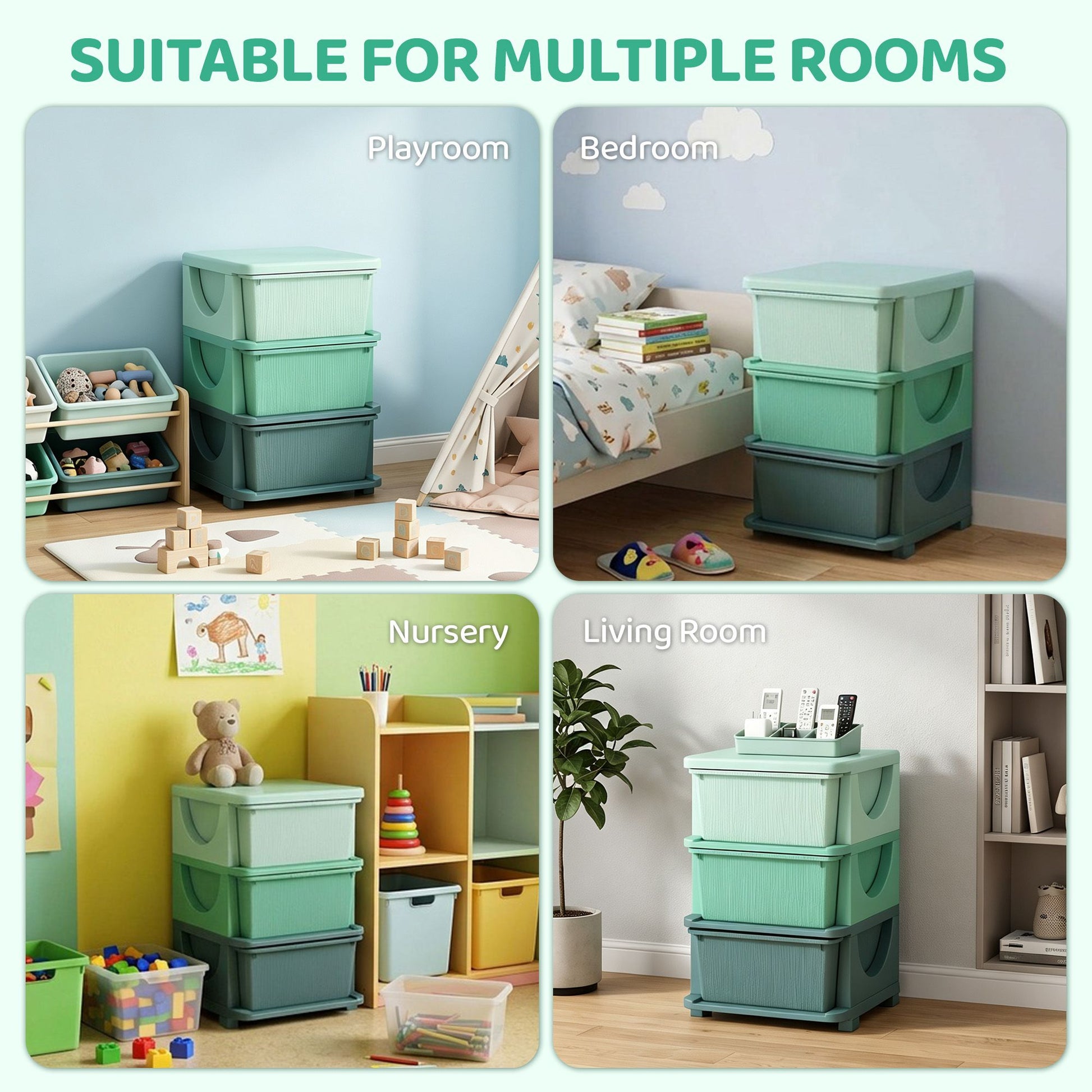 Qaba 3-Tier Kids Toy Storage Organizer with 3 Drawers, Green