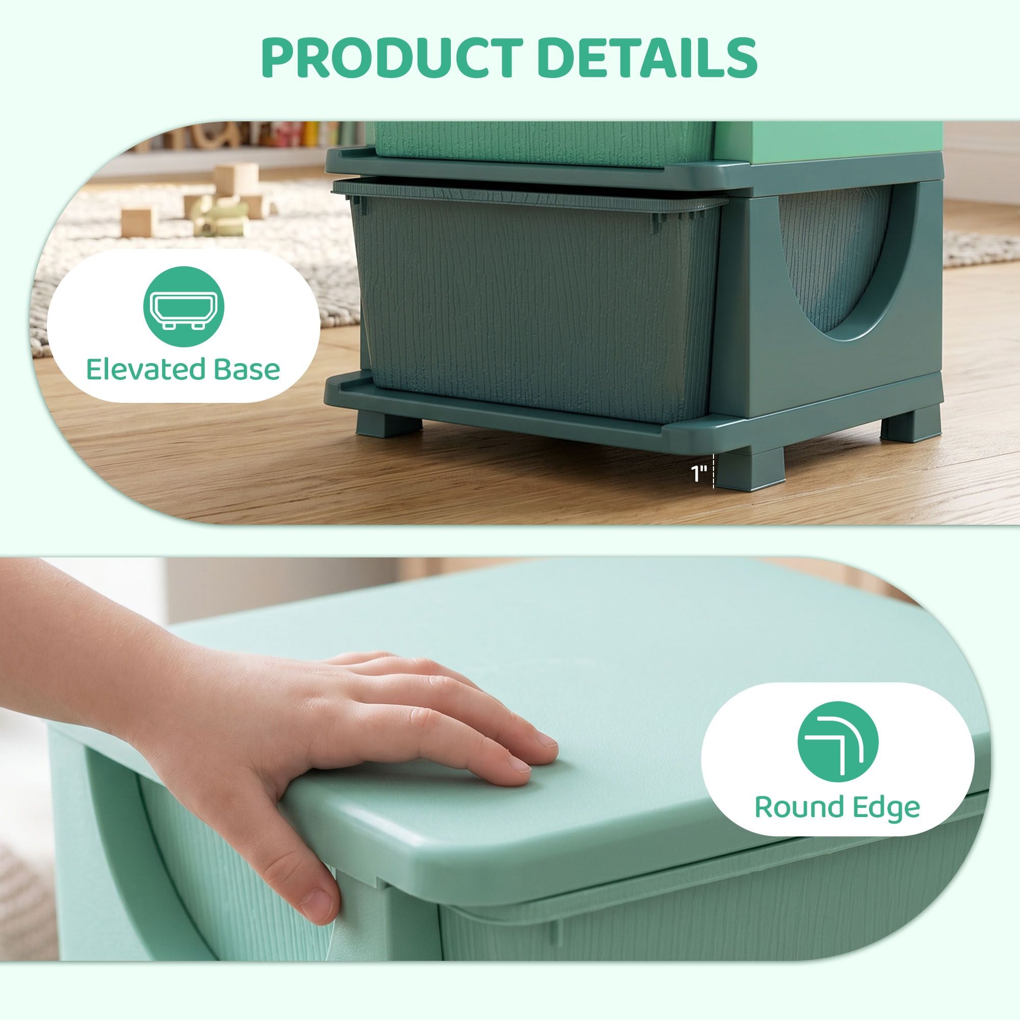 Qaba 3-Tier Kids Toy Storage Organizer with 3 Drawers, Green