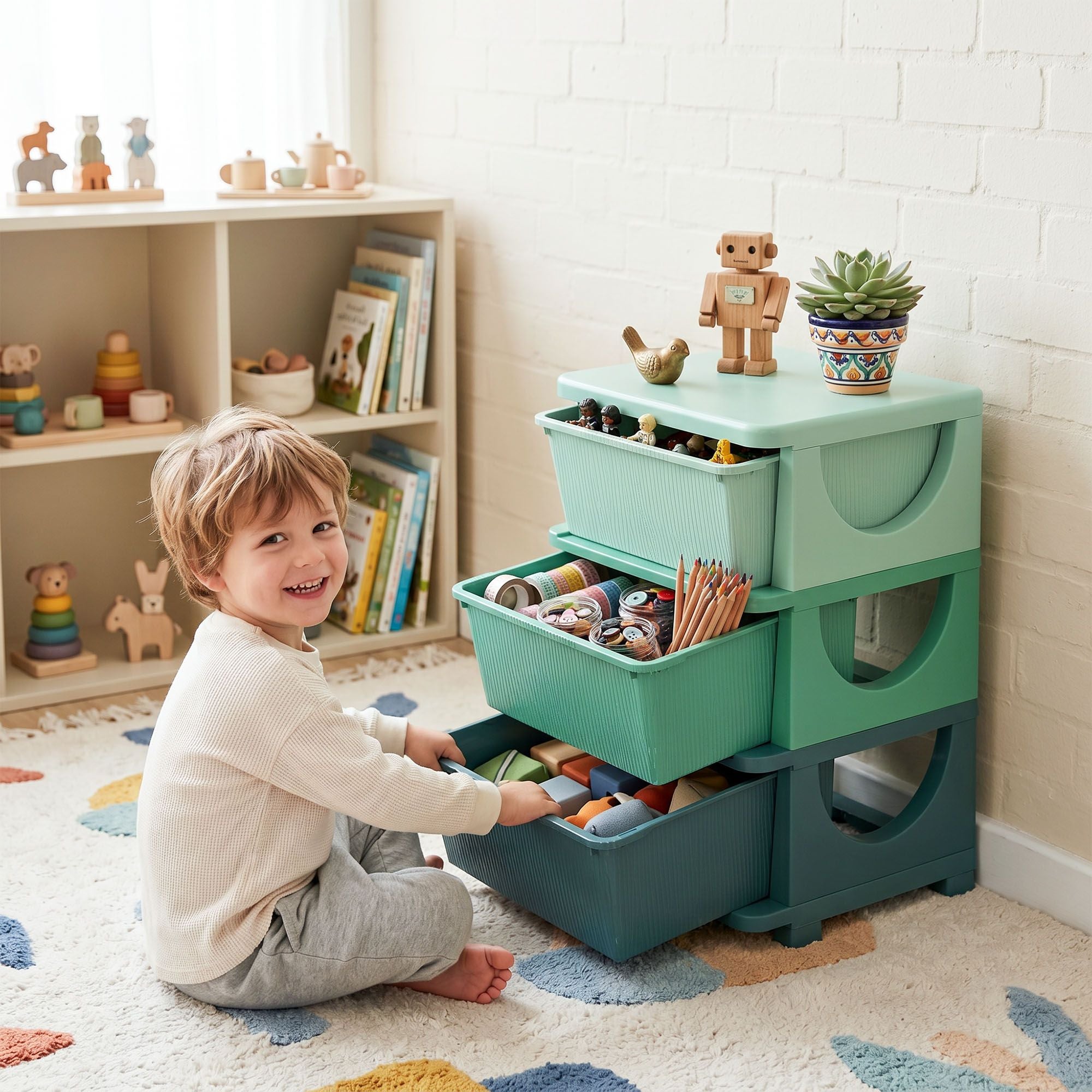 Qaba 3-Tier Kids Toy Storage Organizer with 3 Drawers, Green