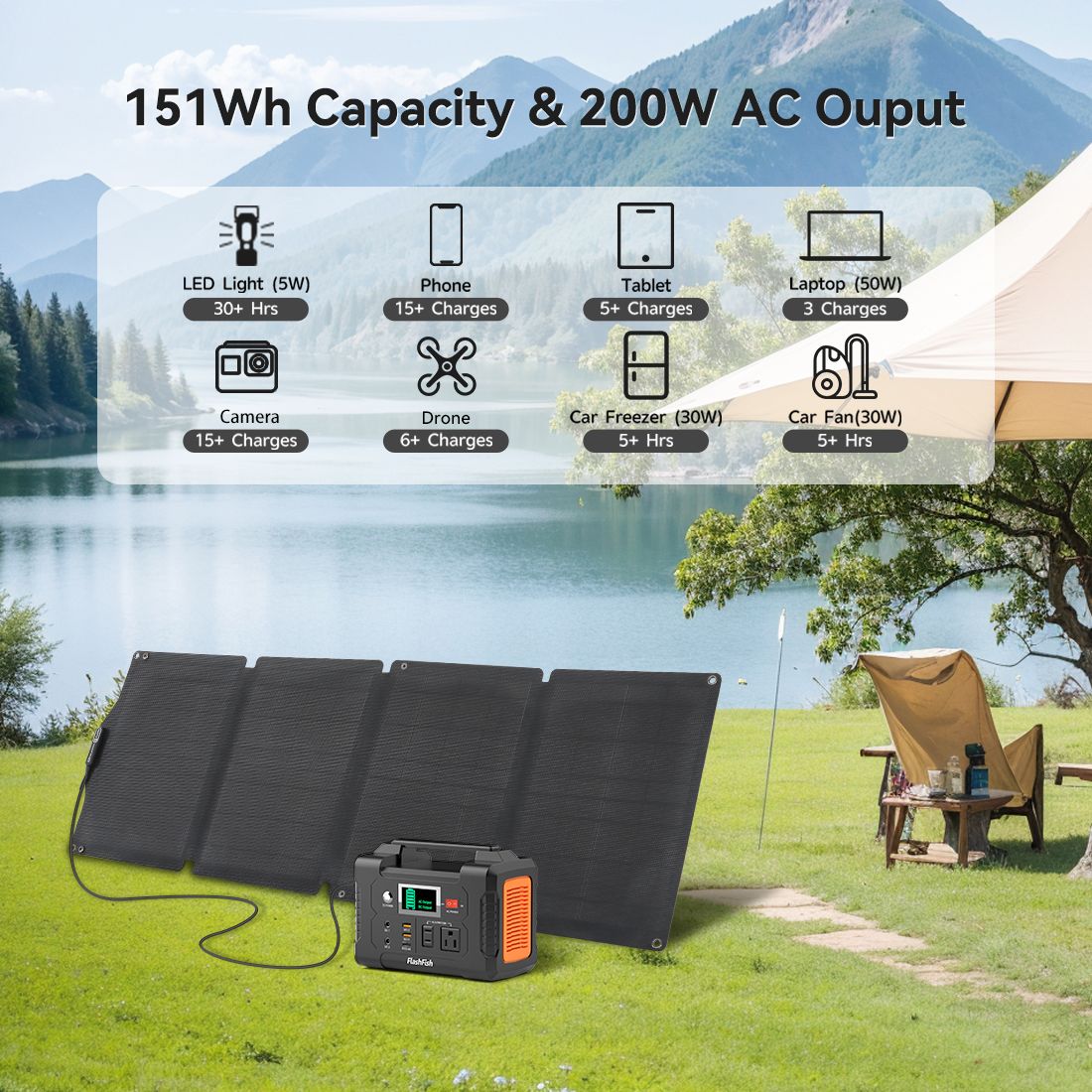 200W Portable Power Station & 60W Solar Panel; FlashFish 151Wh Solar Generator with 60W 18V ETFE Portable Solar Panel; Flashfish Foldable Solar - product view 6