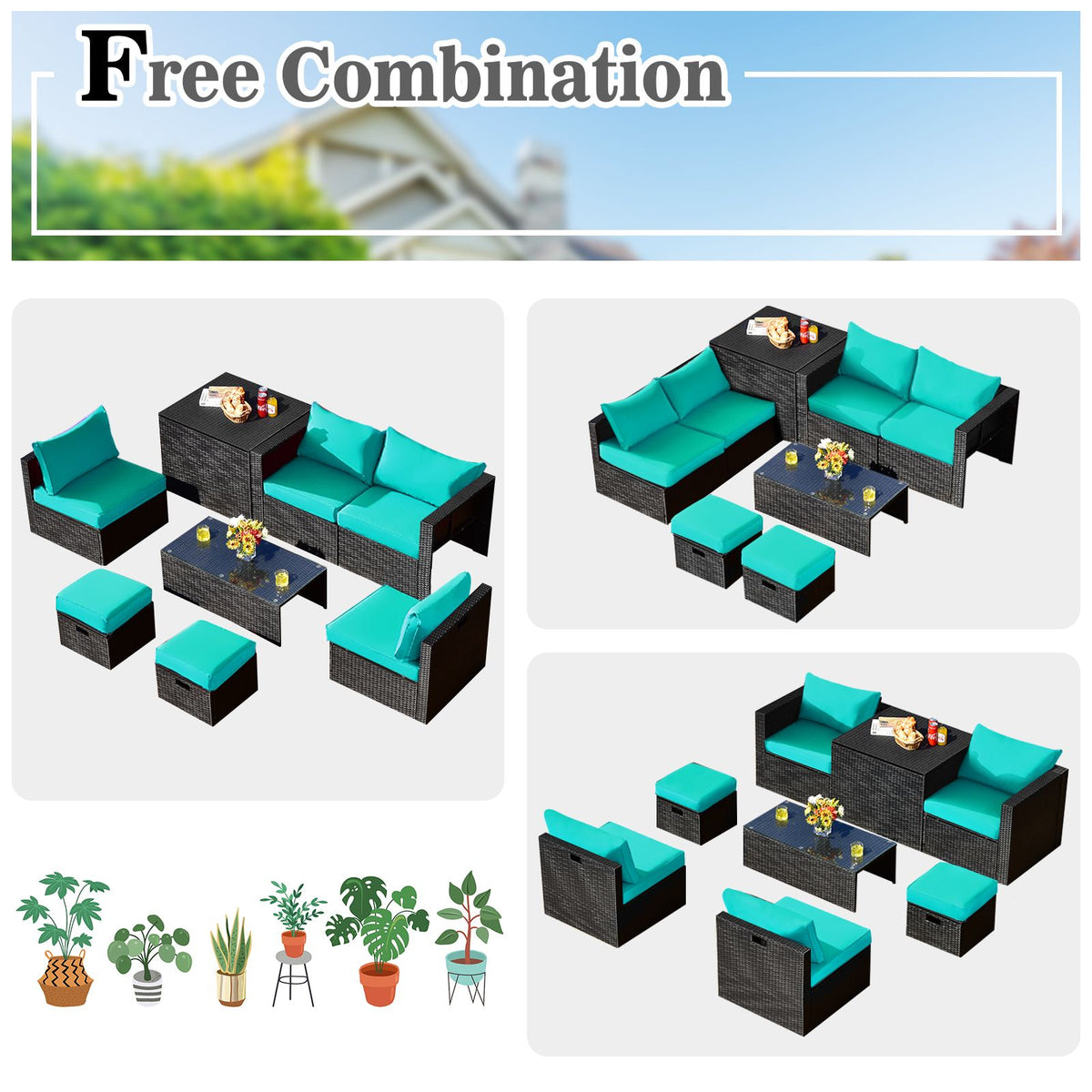 8 Pieces Patio Furniture Set with Storage Box and Waterproof Cover