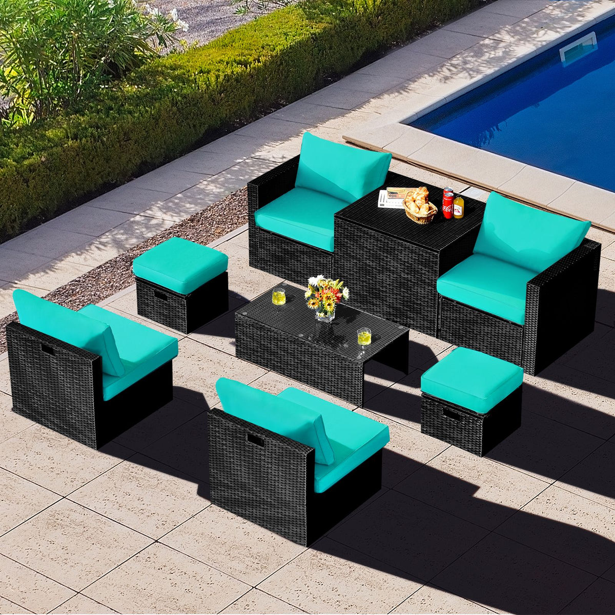 8 Pieces Patio Furniture Set with Storage Box and Waterproof Cover