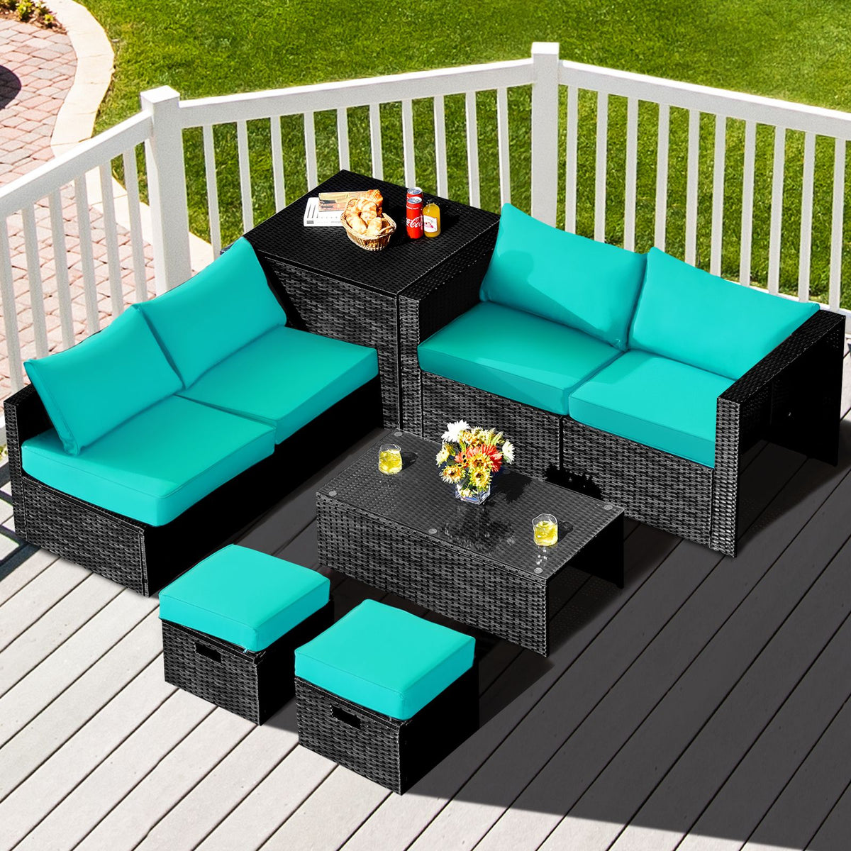 8 Pieces Patio Furniture Set with Storage Box and Waterproof Cover