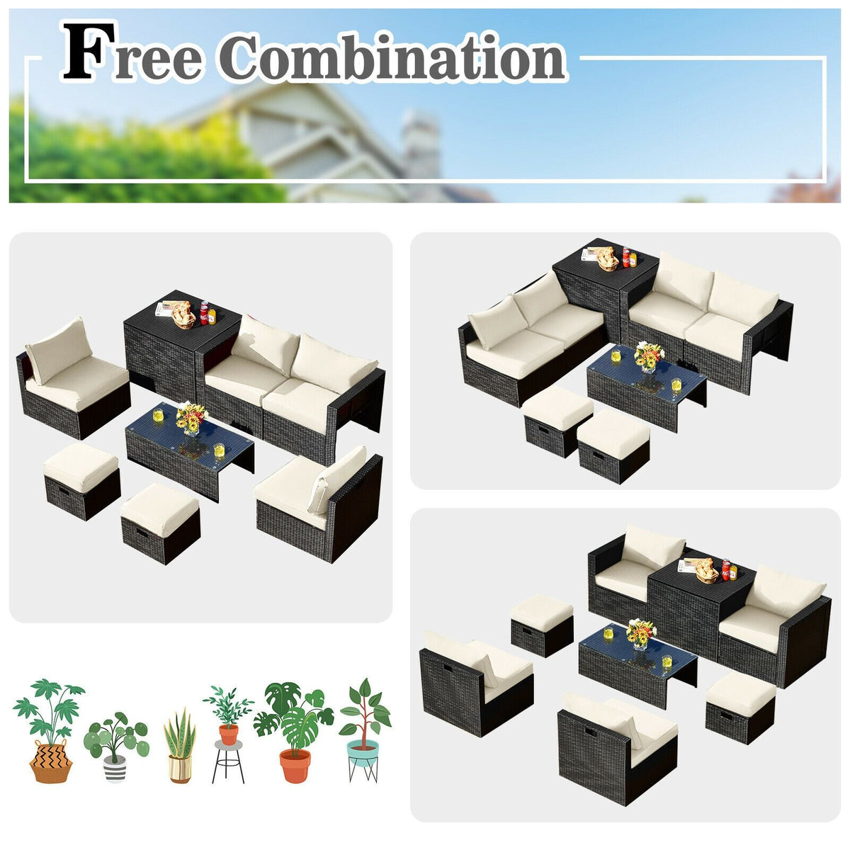 8 Pieces Patio Furniture Set with Storage Box and Waterproof Cover