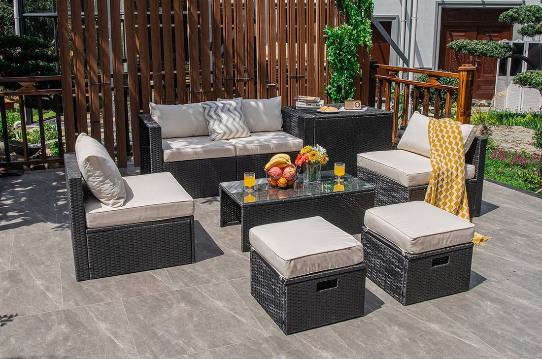 8 Pieces Patio Furniture Set with Storage Box and Waterproof Cover - Off white
