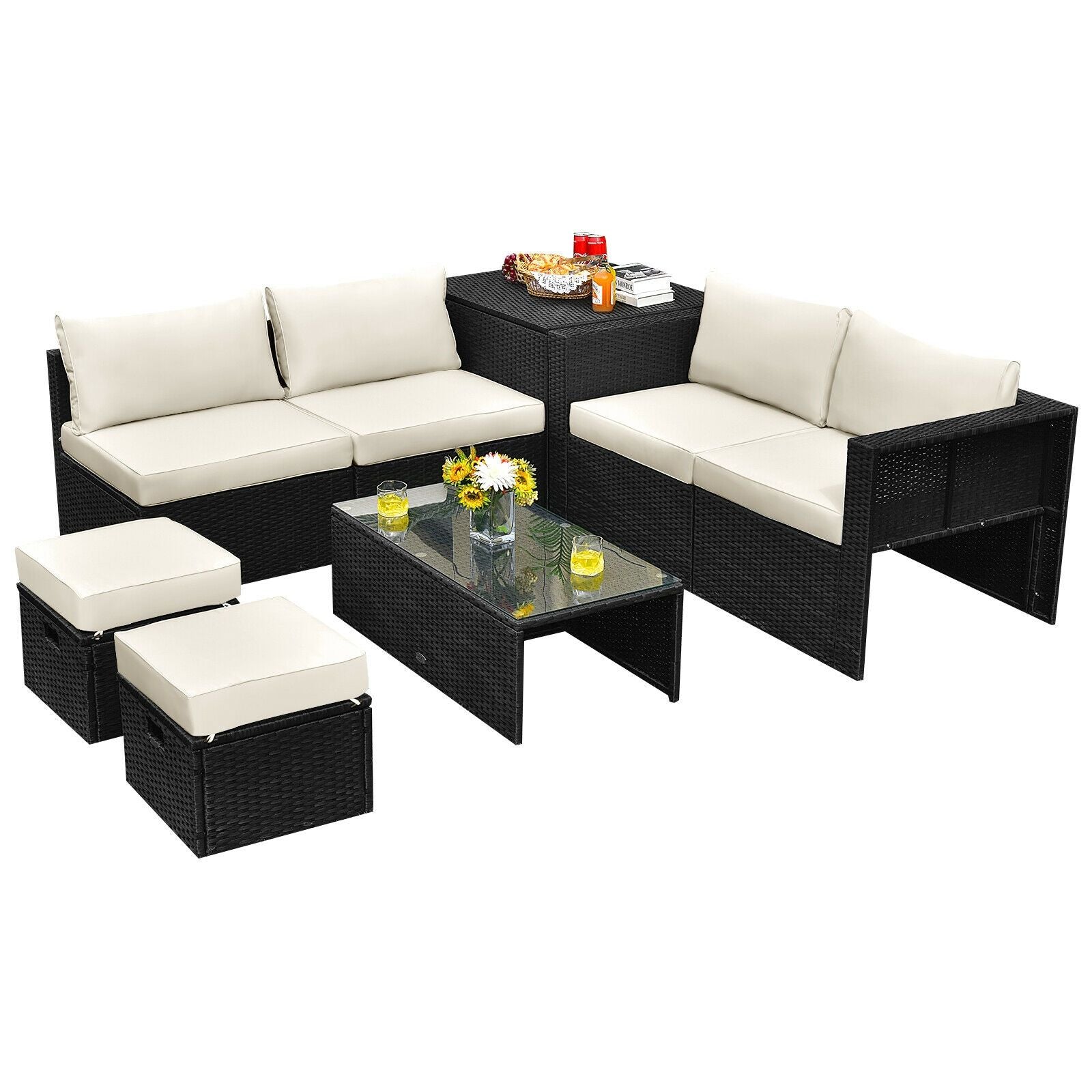 8 Pieces Patio Furniture Set with Storage Box and Waterproof Cover - Off white