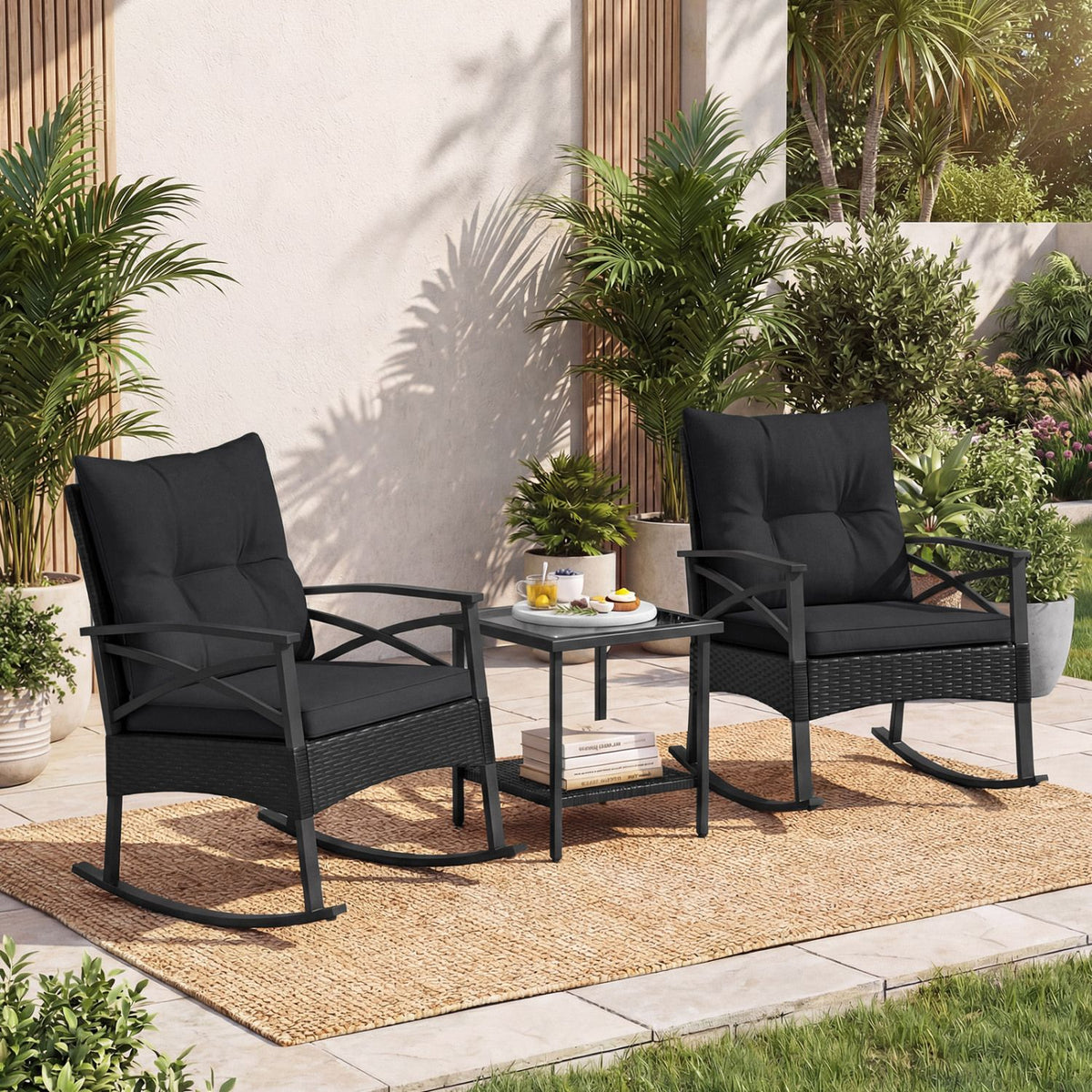 3 Pieces Outdoor Rattan Rocking Chairs Set with 2-Tier Side Table for Garden Backyard