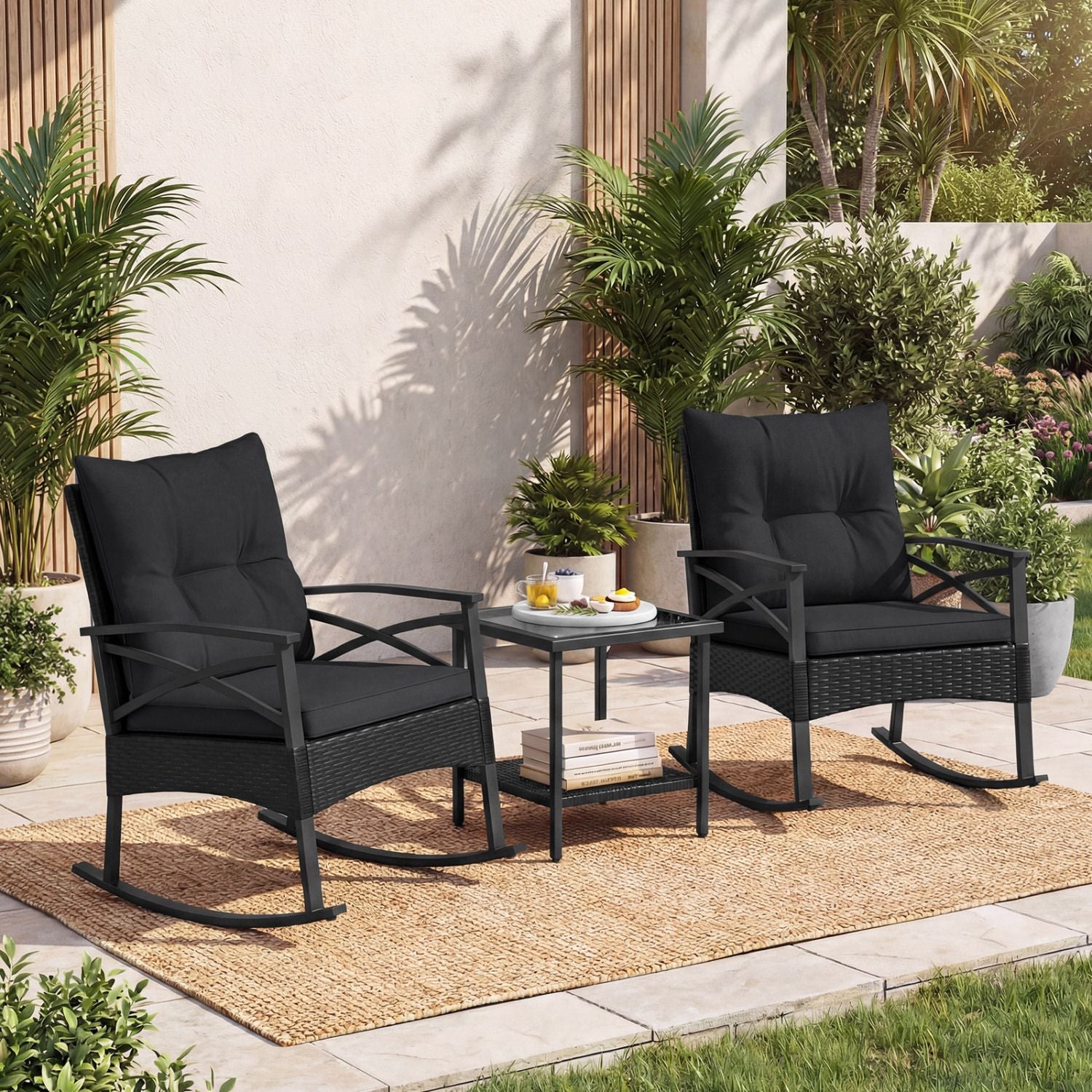 3 Pieces Outdoor Rattan Rocking Chairs Set with 2-Tier Side Table for Garden Backyard