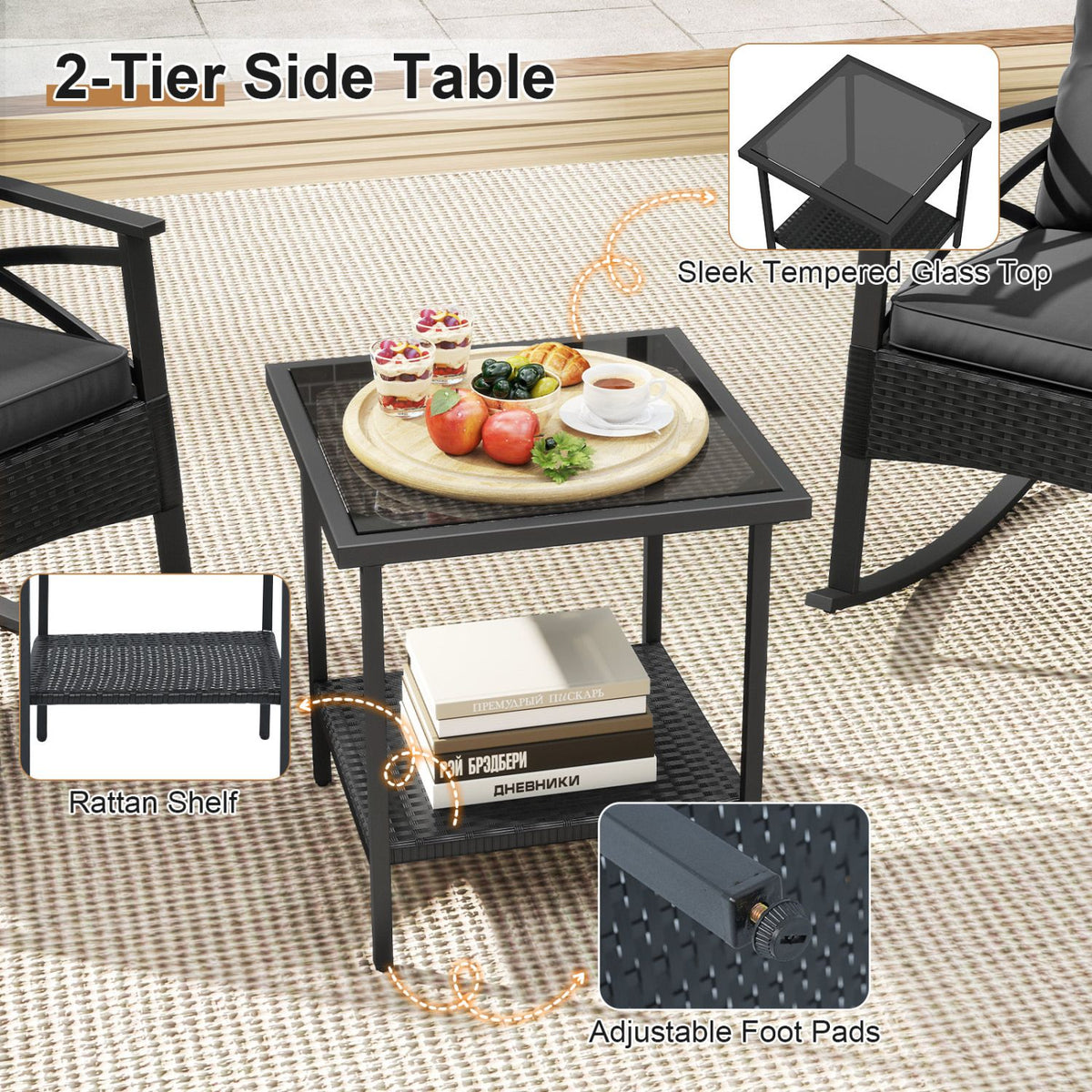 3 Pieces Outdoor Rattan Rocking Chairs Set with 2-Tier Side Table for Garden Backyard