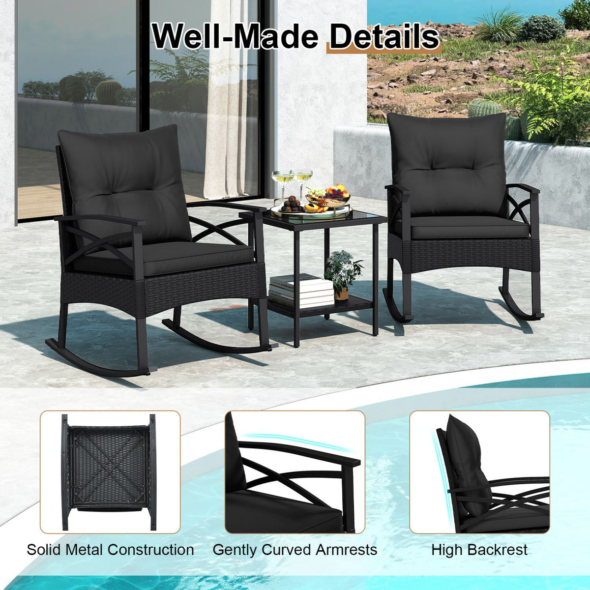 3 Pieces Outdoor Rattan Rocking Chairs Set with 2-Tier Side Table for Garden Backyard