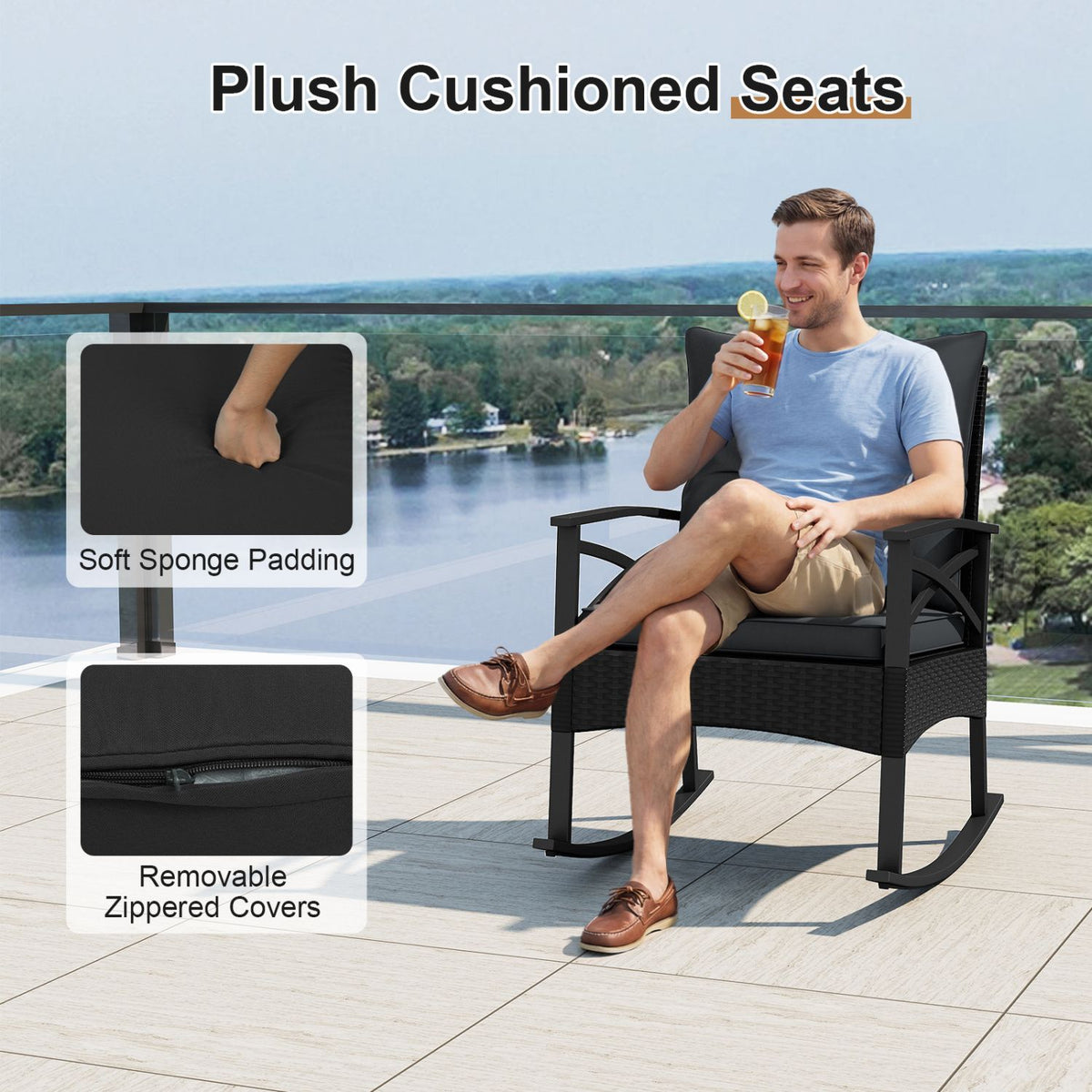 3 Pieces Outdoor Rattan Rocking Chairs Set with 2-Tier Side Table for Garden Backyard