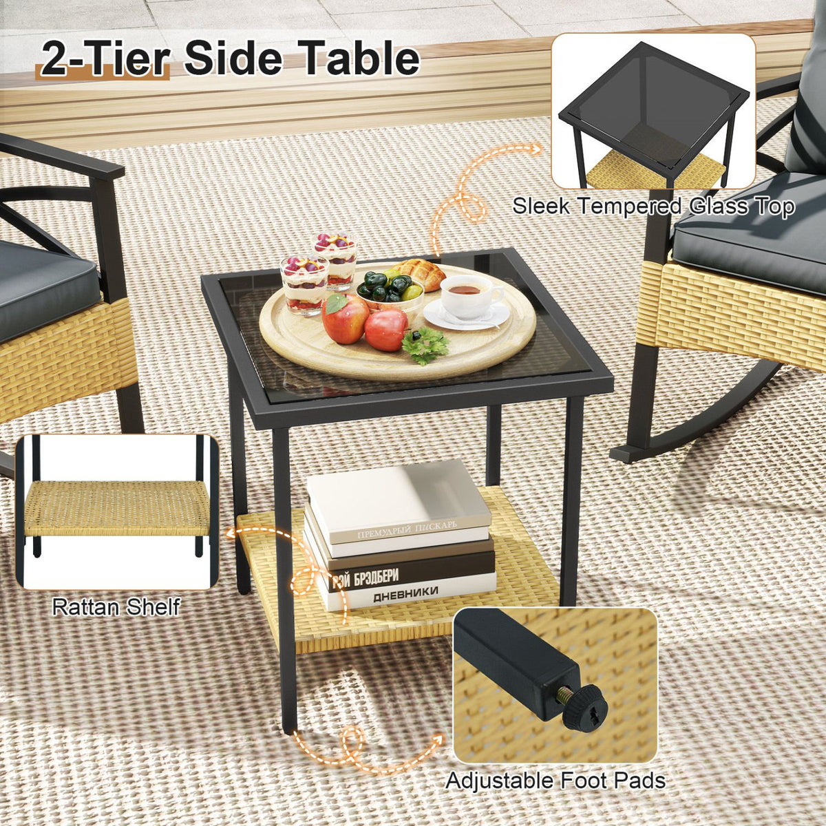 3 Pieces Outdoor Rattan Rocking Chairs Set with 2-Tier Side Table for Garden Backyard
