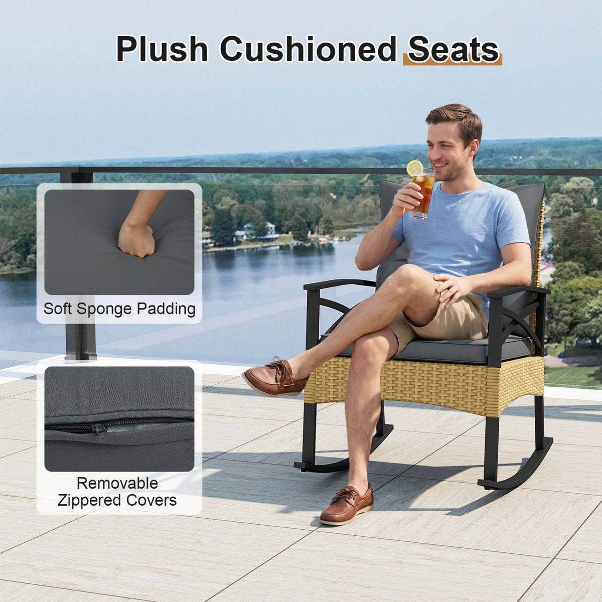 3 Pieces Outdoor Rattan Rocking Chairs Set with 2-Tier Side Table for Garden Backyard