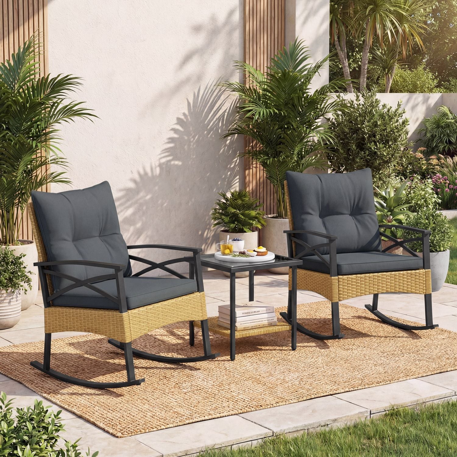 3 Pieces Outdoor Rattan Rocking Chairs Set with 2-Tier Side Table for Garden Backyard