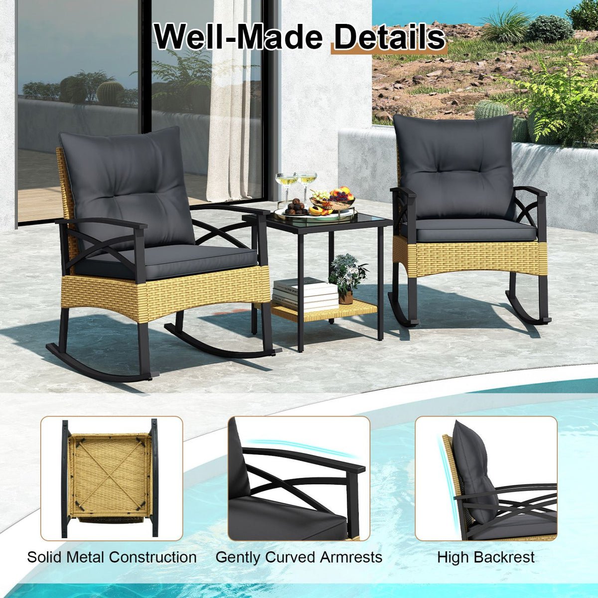 3 Pieces Outdoor Rattan Rocking Chairs Set with 2-Tier Side Table for Garden Backyard