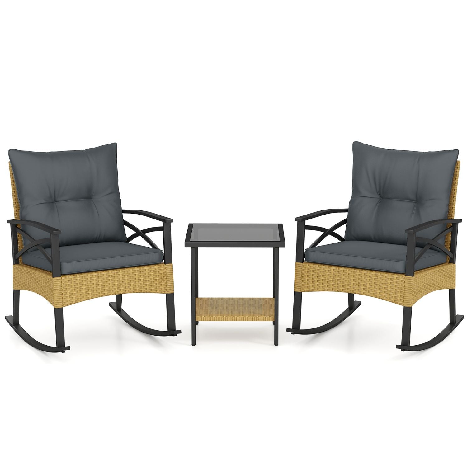 3 Pieces Outdoor Rattan Rocking Chairs Set with 2-Tier Side Table for Garden Backyard