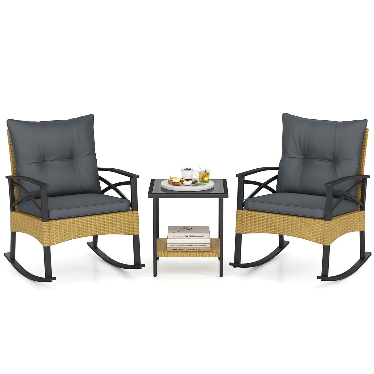 3 Pieces Outdoor Rattan Rocking Chairs Set with 2-Tier Side Table for Garden Backyard