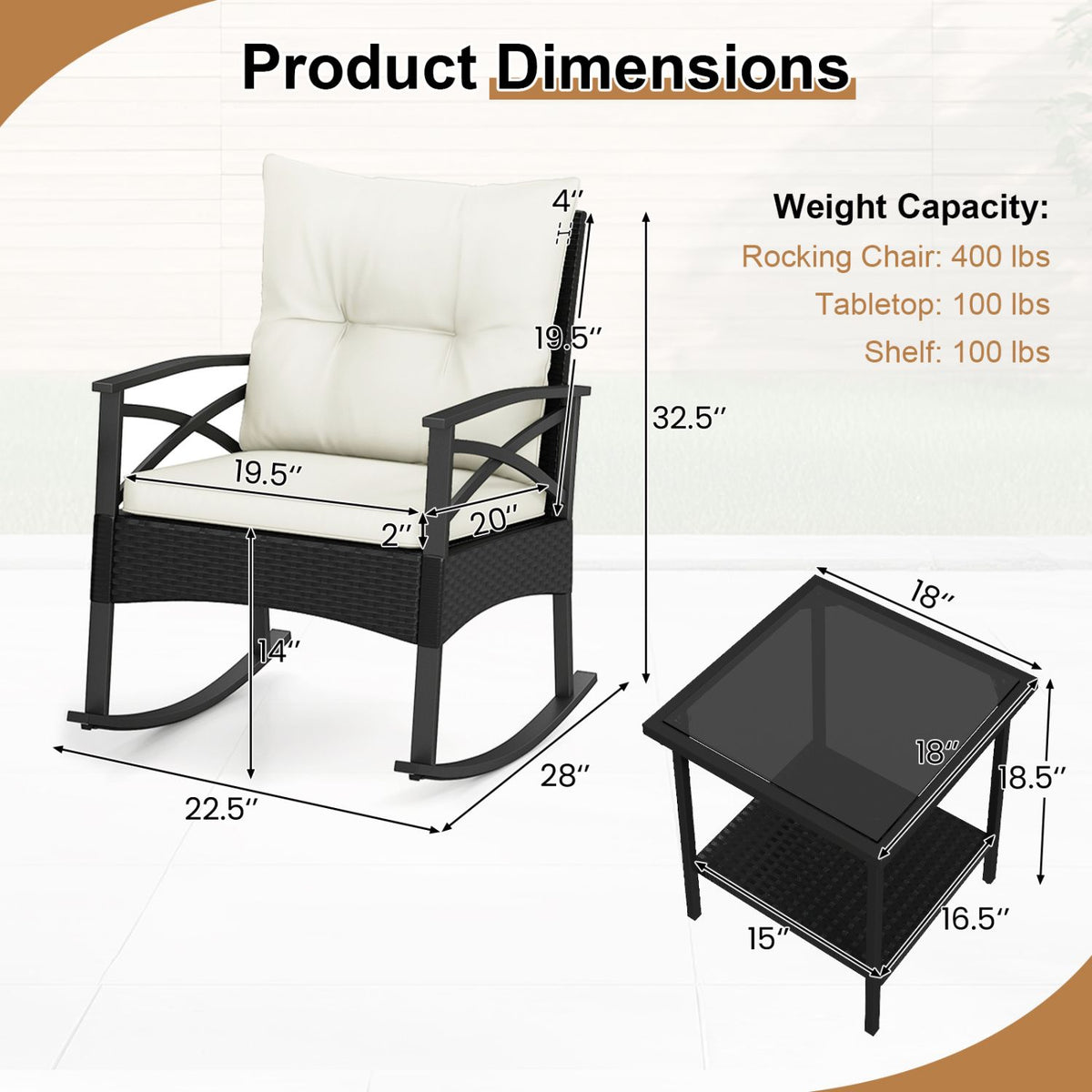 3 Pieces Outdoor Rattan Rocking Chairs Set with 2-Tier Side Table for Garden Backyard