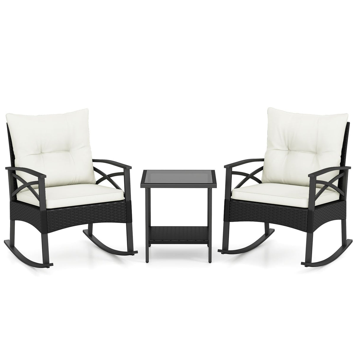 3 Pieces Outdoor Rattan Rocking Chairs Set with 2-Tier Side Table for Garden Backyard