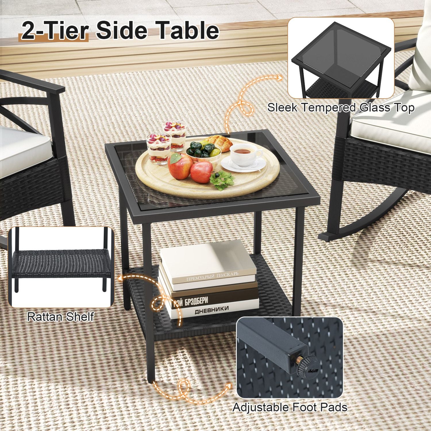 3 Pieces Outdoor Rattan Rocking Chairs Set with 2-Tier Side Table for Garden Backyard