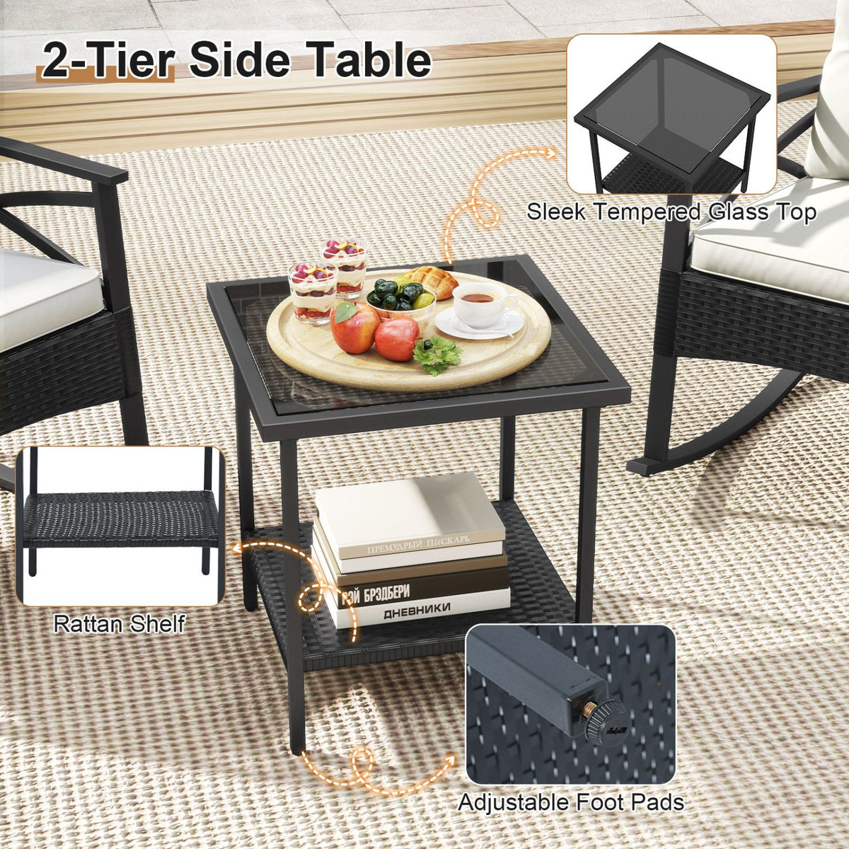3 Pieces Outdoor Rattan Rocking Chairs Set with 2-Tier Side Table for Garden Backyard