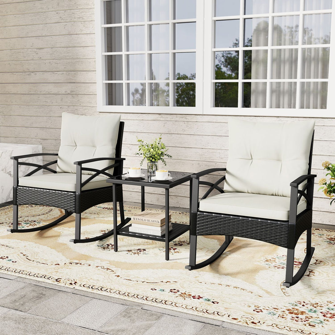 3 Pieces Outdoor Rattan Rocking Chairs Set with 2-Tier Side Table for Garden Backyard - White
