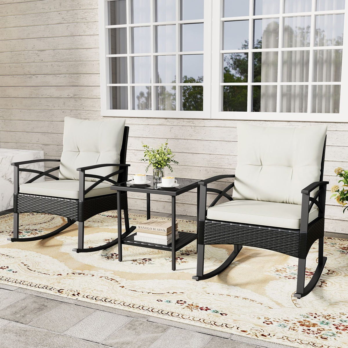 3 Pieces Outdoor Rattan Rocking Chairs Set with 2-Tier Side Table for Garden Backyard