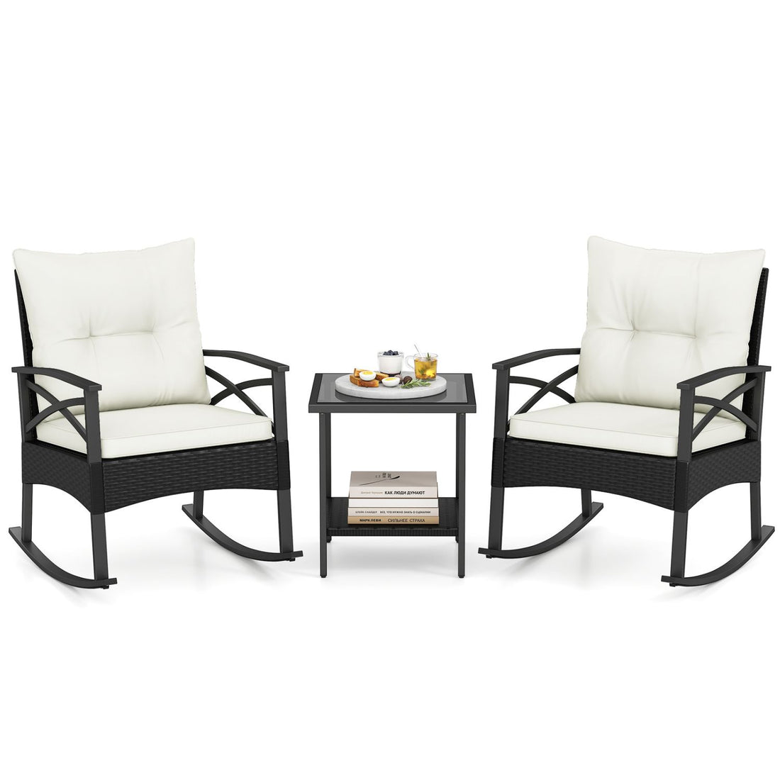 3 Pieces Outdoor Rattan Rocking Chairs Set with 2-Tier Side Table for Garden Backyard - White