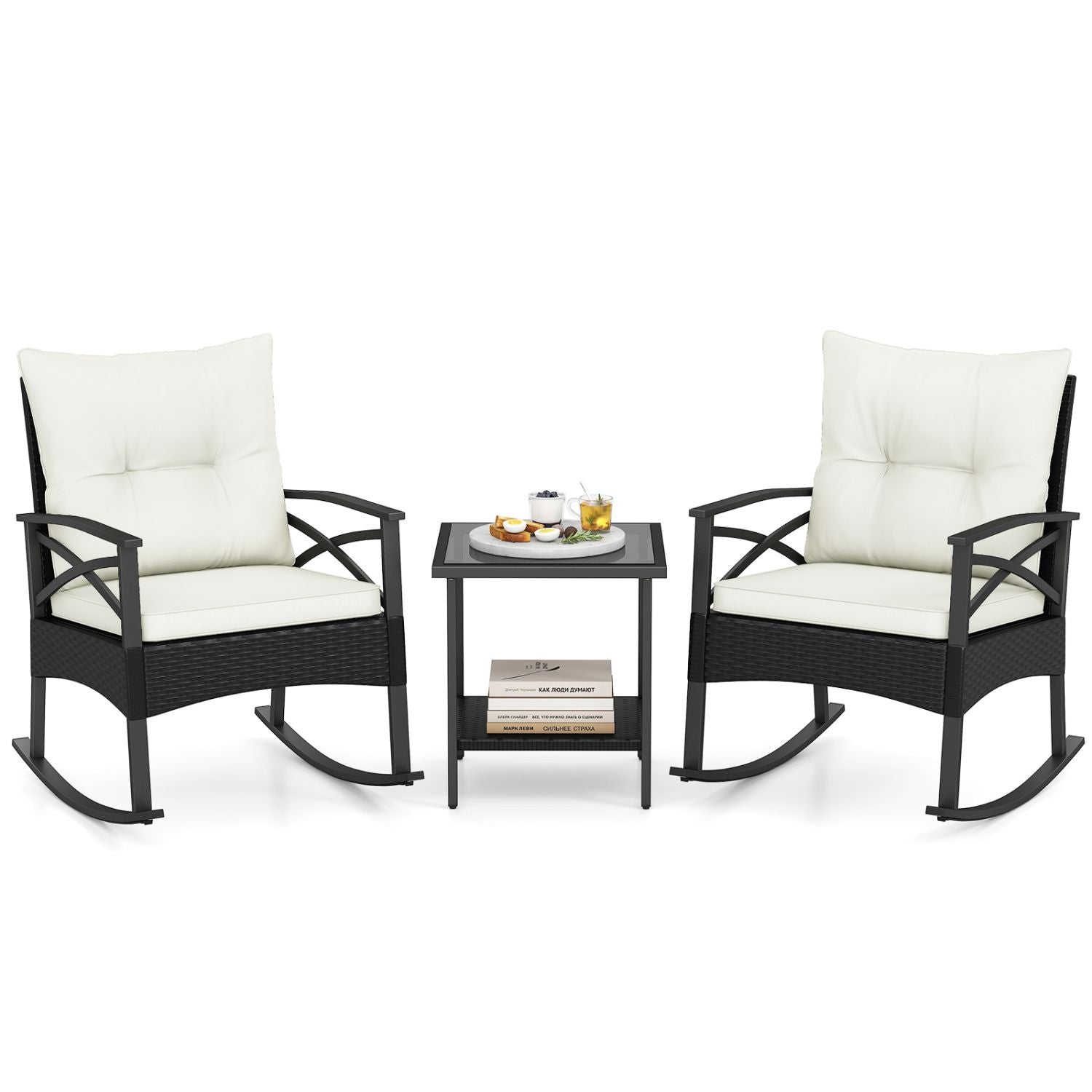 3 Pieces Outdoor Rattan Rocking Chairs Set with 2-Tier Side Table for Garden Backyard - White