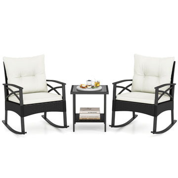 3 Pieces Outdoor Rattan Rocking Chairs Set with 2-Tier Side Table for Garden Backyard - White