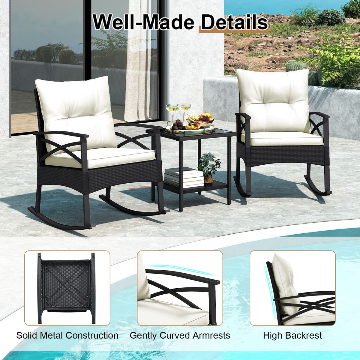 3 Pieces Outdoor Rattan Rocking Chairs Set with 2-Tier Side Table for Garden Backyard
