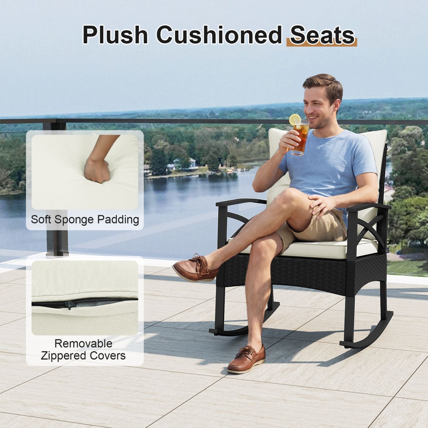 3 Pieces Outdoor Rattan Rocking Chairs Set with 2-Tier Side Table for Garden Backyard