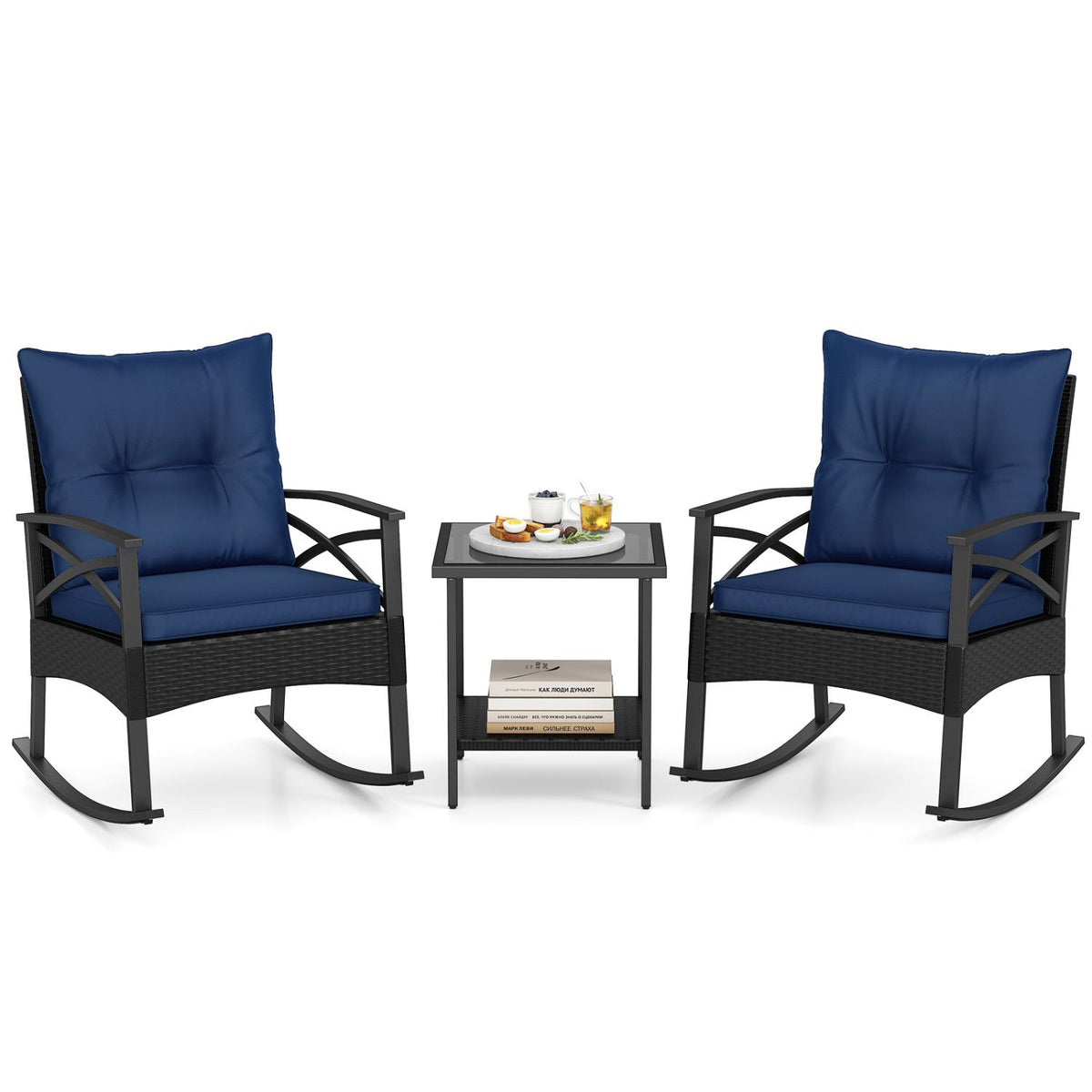 3 Pieces Outdoor Rattan Rocking Chairs Set with 2-Tier Side Table for Garden Backyard