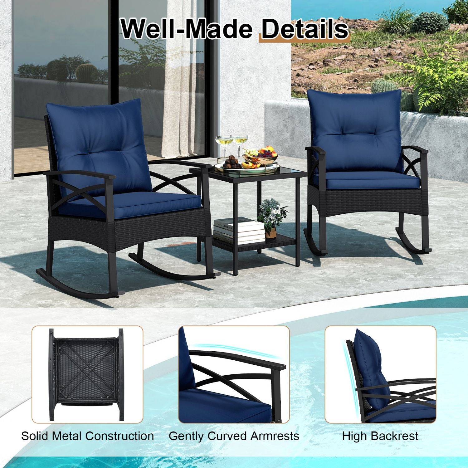 3 Pieces Outdoor Rattan Rocking Chairs Set with 2-Tier Side Table for Garden Backyard
