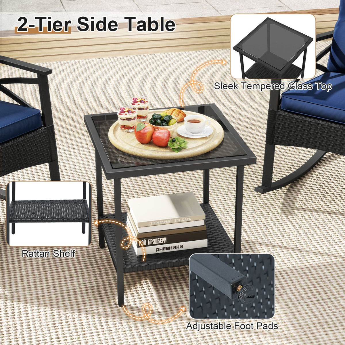 3 Pieces Outdoor Rattan Rocking Chairs Set with 2-Tier Side Table for Garden Backyard