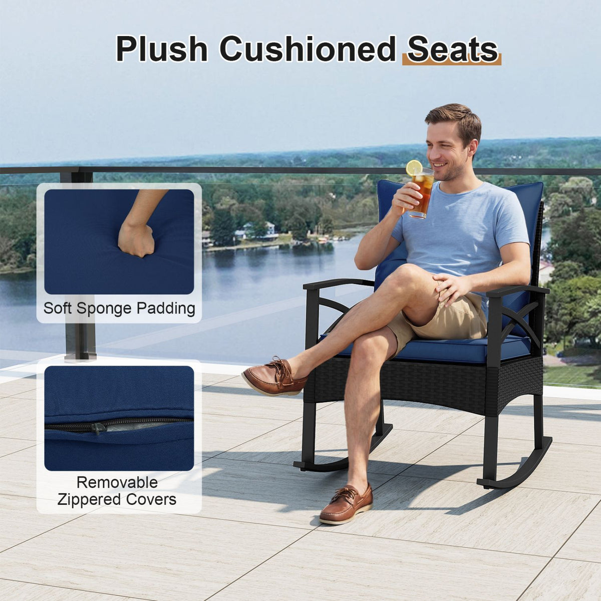 3 Pieces Outdoor Rattan Rocking Chairs Set with 2-Tier Side Table for Garden Backyard