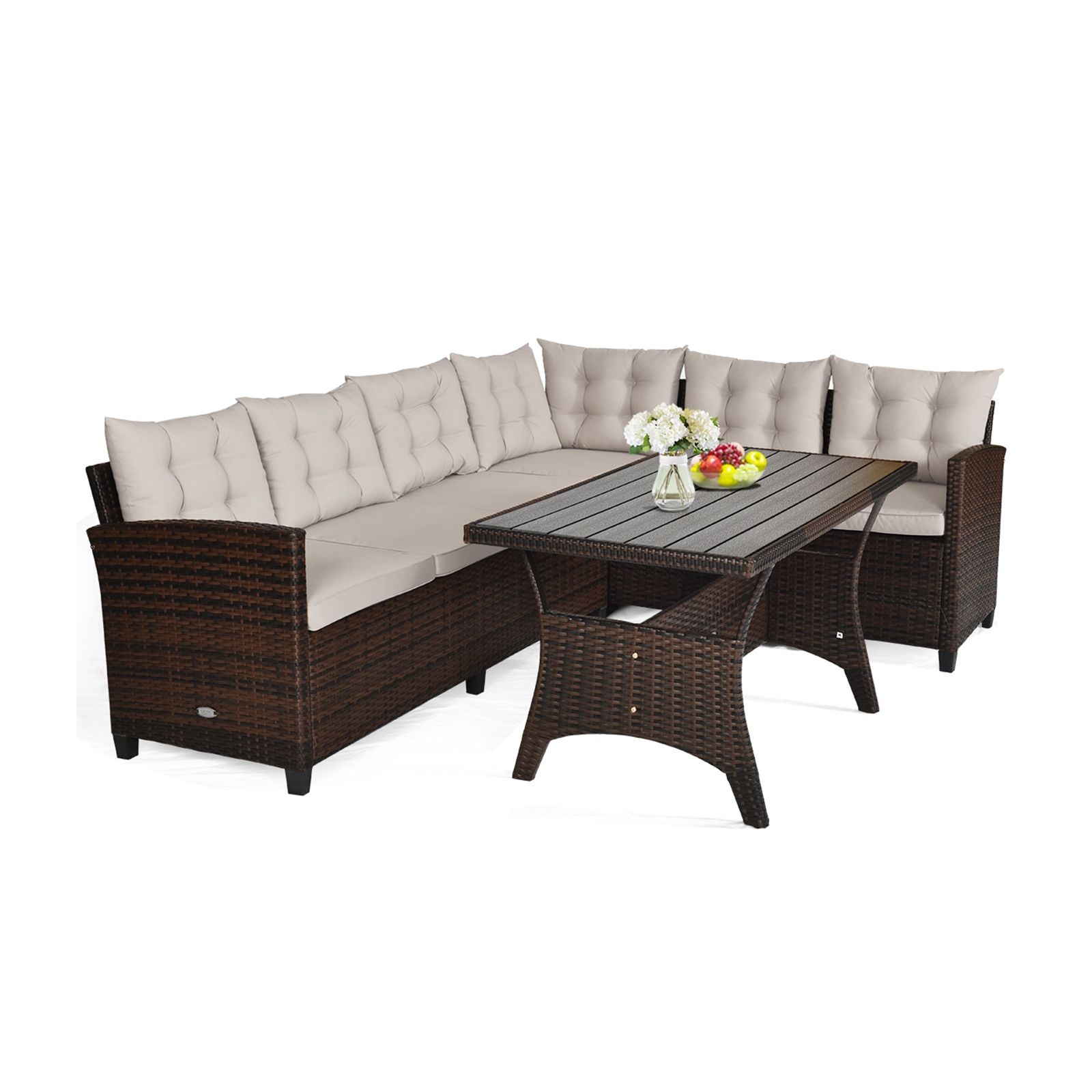 3 Pieces Hand-Woven Rattan Outdoor Sofa Set with Dining Table - Brown