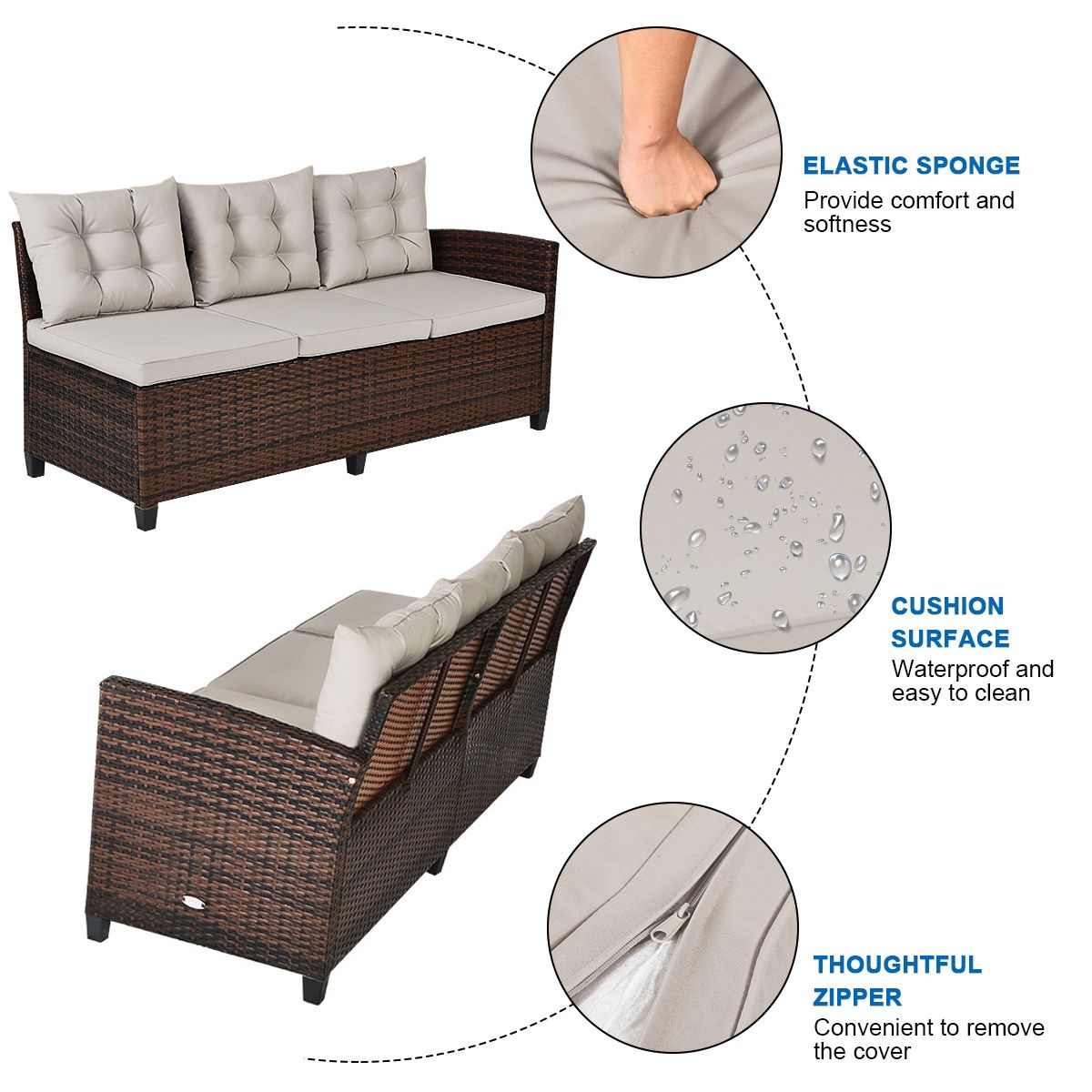 3 Pieces Hand-Woven Rattan Outdoor Sofa Set with Dining Table