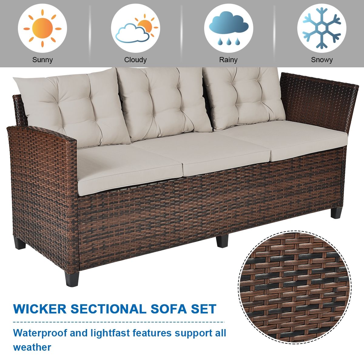 3 Pieces Hand-Woven Rattan Outdoor Sofa Set with Dining Table