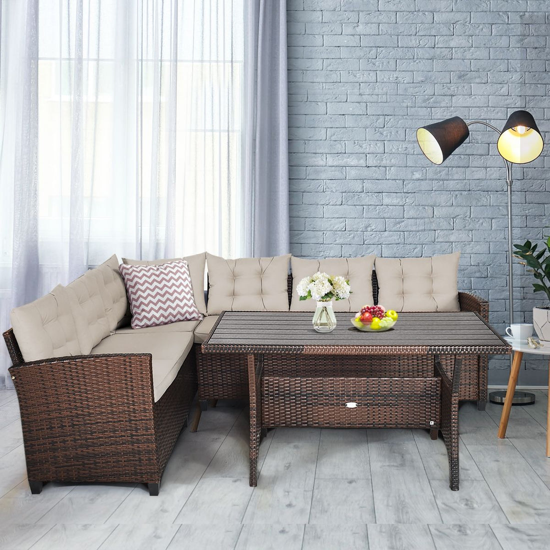 3 Pieces Hand-Woven Rattan Outdoor Sofa Set with Dining Table - Brown