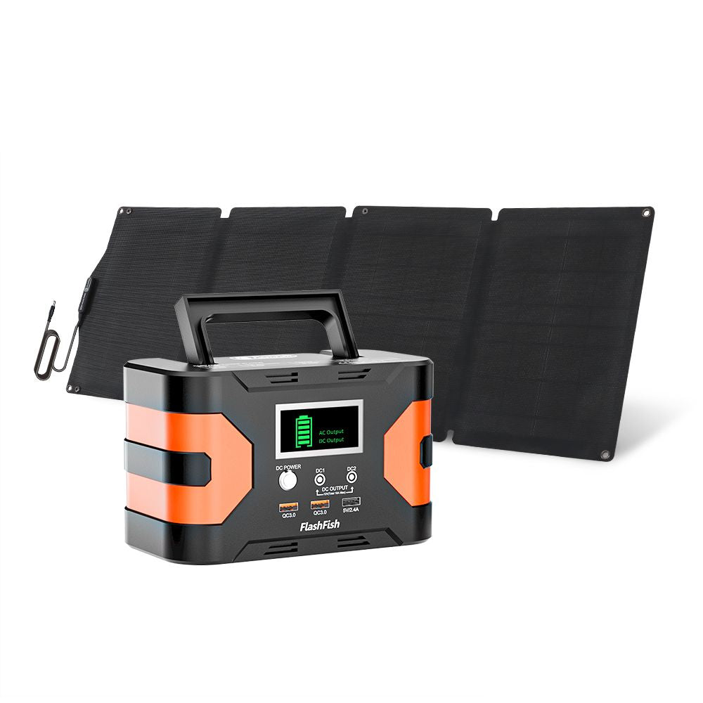 150W Portable Power Station & 60W Solar Panel; FlashFish 45000mAh Solar Generator with 60W 18V ETFE Portable Solar Panel; Flashfish Foldable Solar