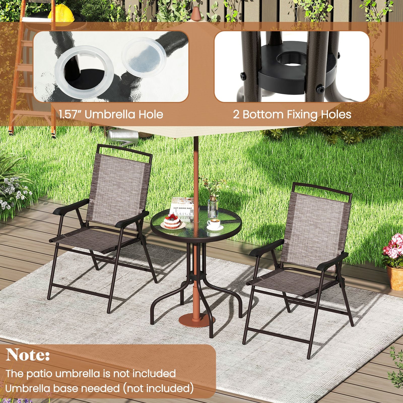 3 Pieces Patio Round Table and Folding Chairs Set with Rippled Tempered Glass Tabletop